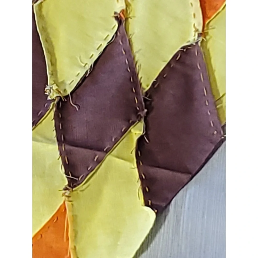 Vntg. Harlequin Diamond Patchwork Quilt Blocks Hand Stitched Orange Brown Yellow